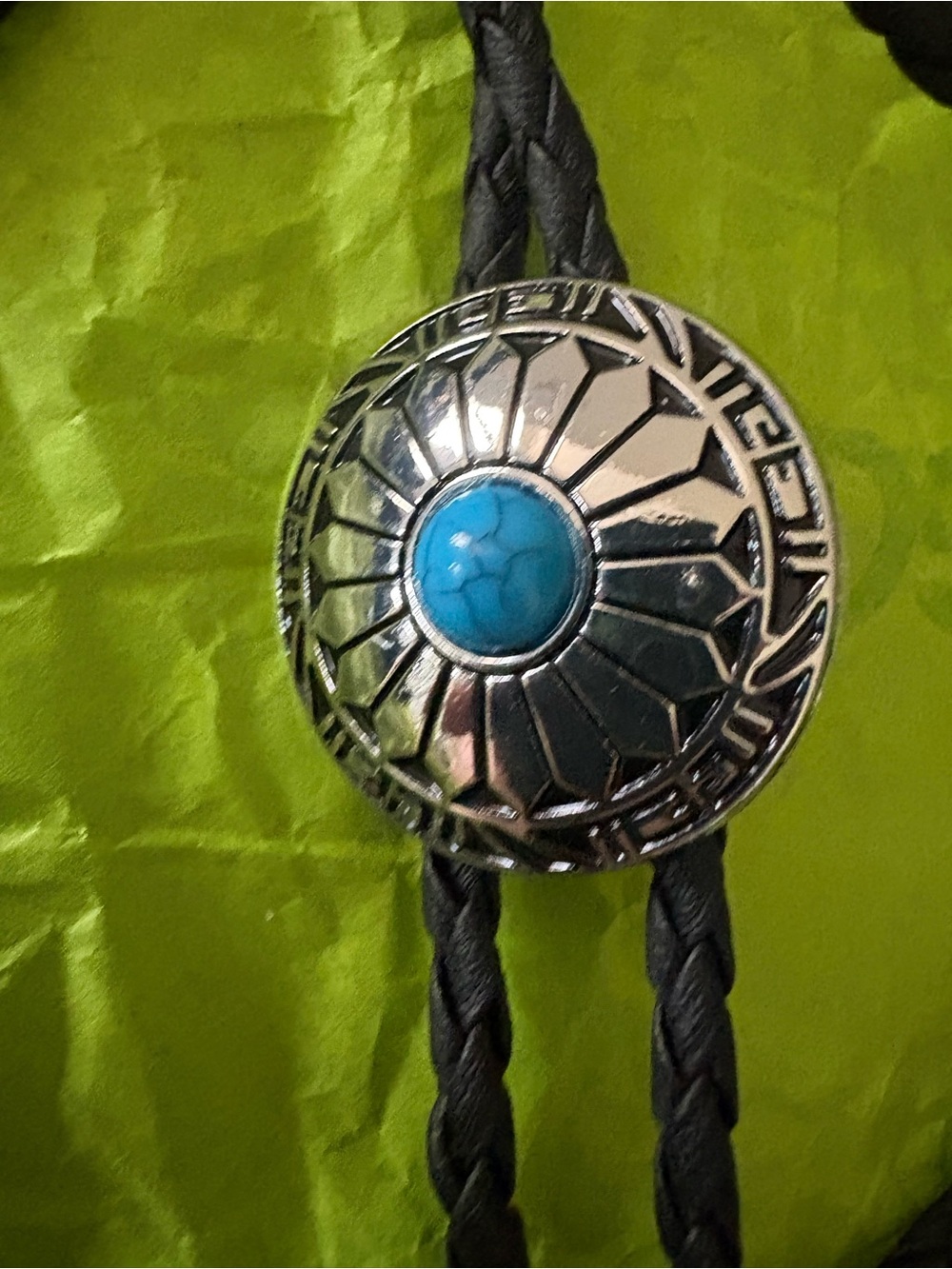 Turquoise Center Silver Concho Bolo Tie - Women Jewelry